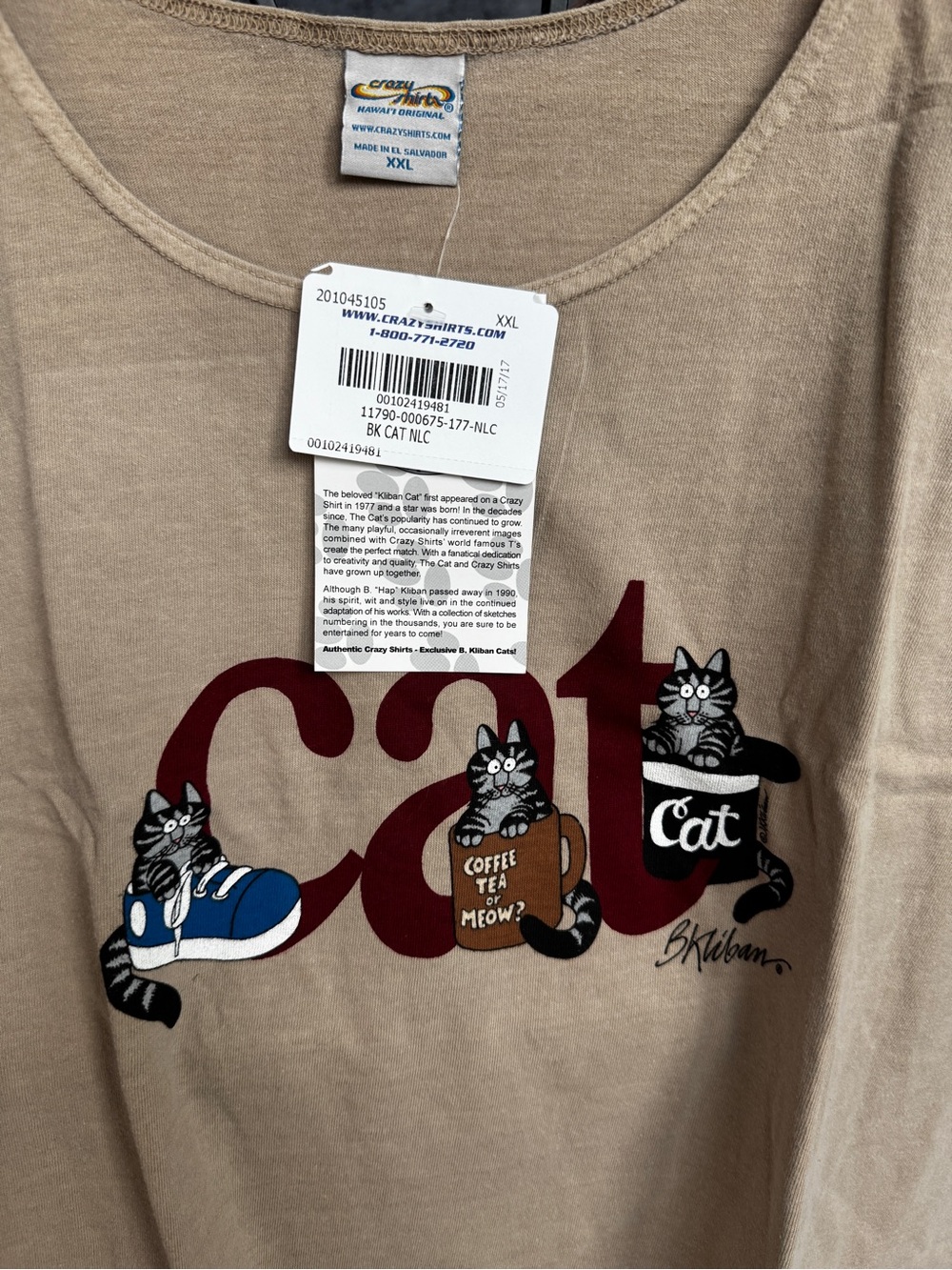 NEW NWT XXL B. Kliban Hawaii Crazy Shirts Hawaii Cat Tee Coffee Sneaker Shirt - Picture 3 of 13